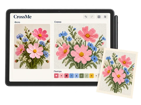 Ілюстративний макет CrossMe: планшет із фото, схемою й палітрою та друкована схема праворуч; не фактичний результат конвертації.