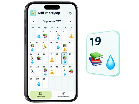 Візуалізація Habit Calendar на телефоні: календар із різними відмітками й пропусками та збільшена картка дня 19; демонстраційні дані.